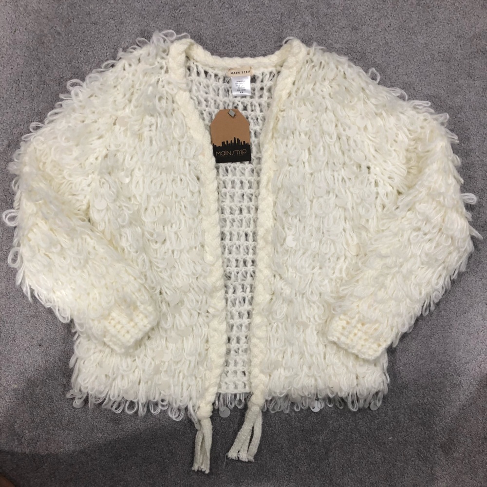 NWT Main Strip Fuzzy Looped Large Sequin Cream Cozy Sweater Jacket